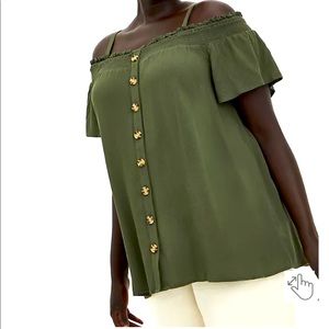 Torrid Smocked Cold-Shoulder Blouse Gauze Olive Green NWT